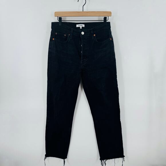 RE/DONE Black High Rise Jeans Size 29 Straight Leg Raw Hem Designer Denim - Picture 1 of 9